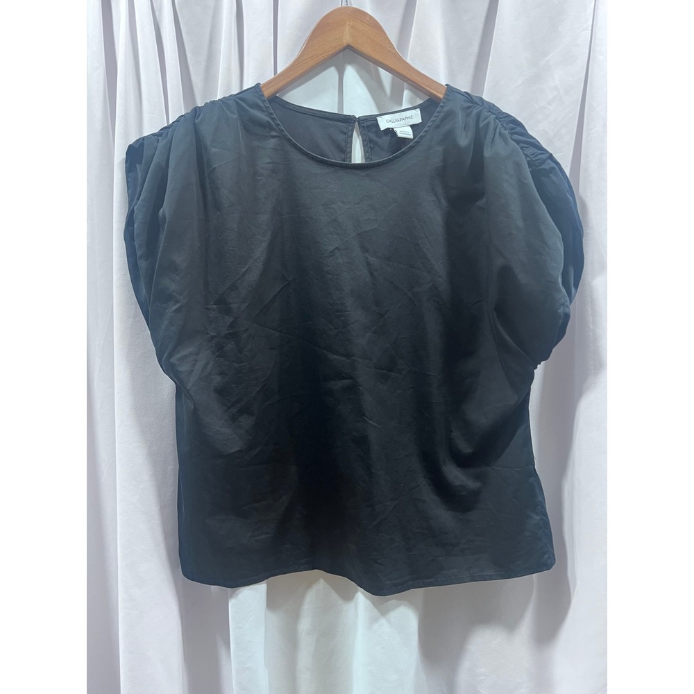 Calligraphie Black Short Puff Sleeve Cotton Poplin Blouse Top Large Minimalist